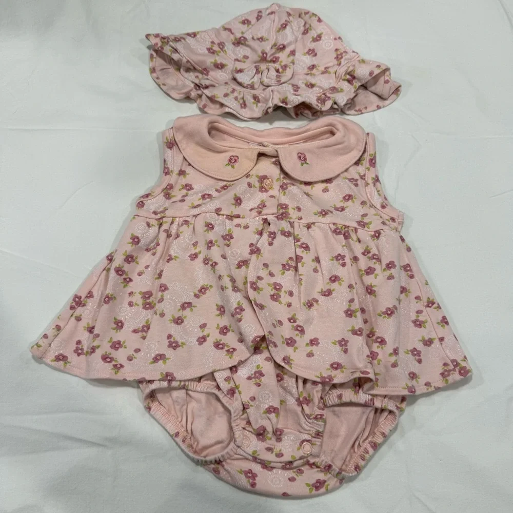 Y2K Baby Beginnings Adorable Pink Floral Baby Romper with Hat Size 6-9 Months